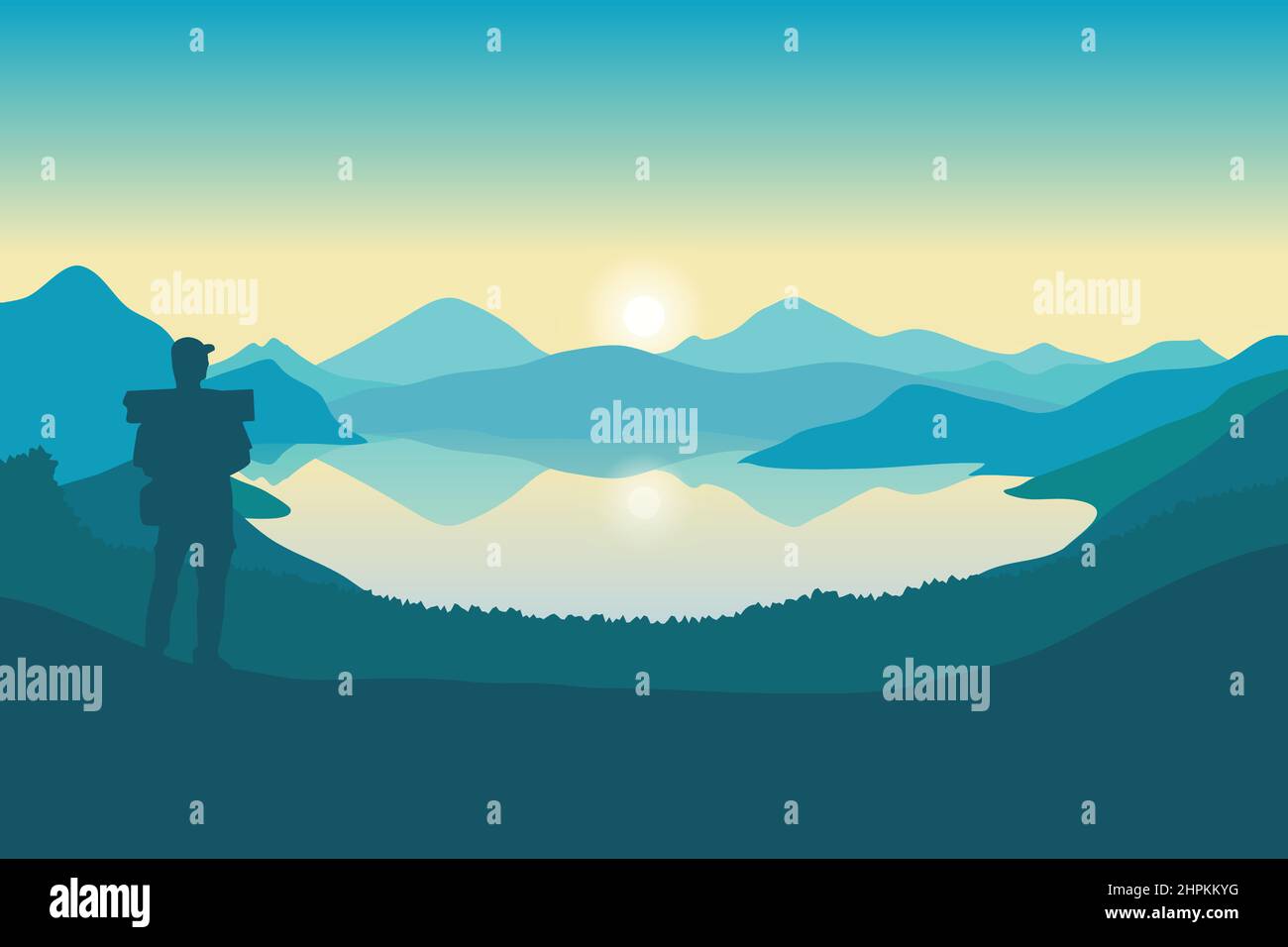 Paesaggio di montagna e illustrazione vettoriale del lago, silhouette di un uomo in piedi guardando il paesaggio naturale all'alba Illustrazione Vettoriale
