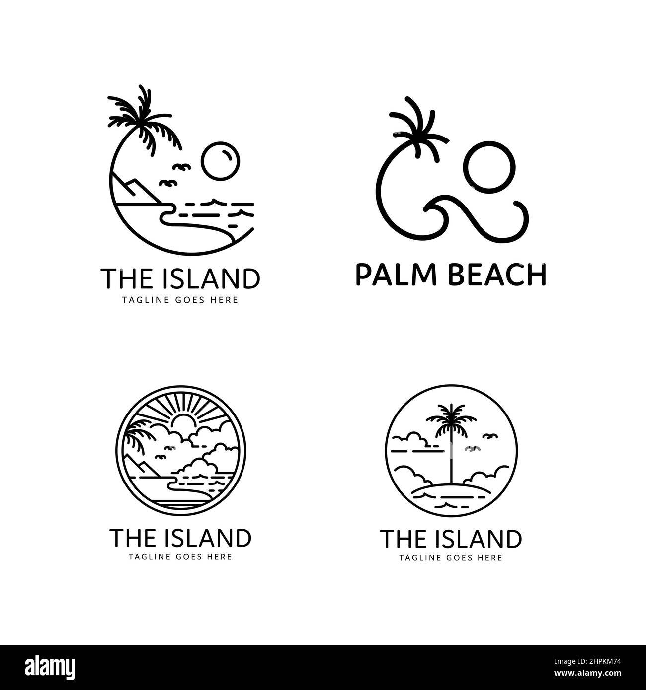 collezione di logo di palme e spiaggia su un design in stile monolino dell'isola tropicale Illustrazione Vettoriale