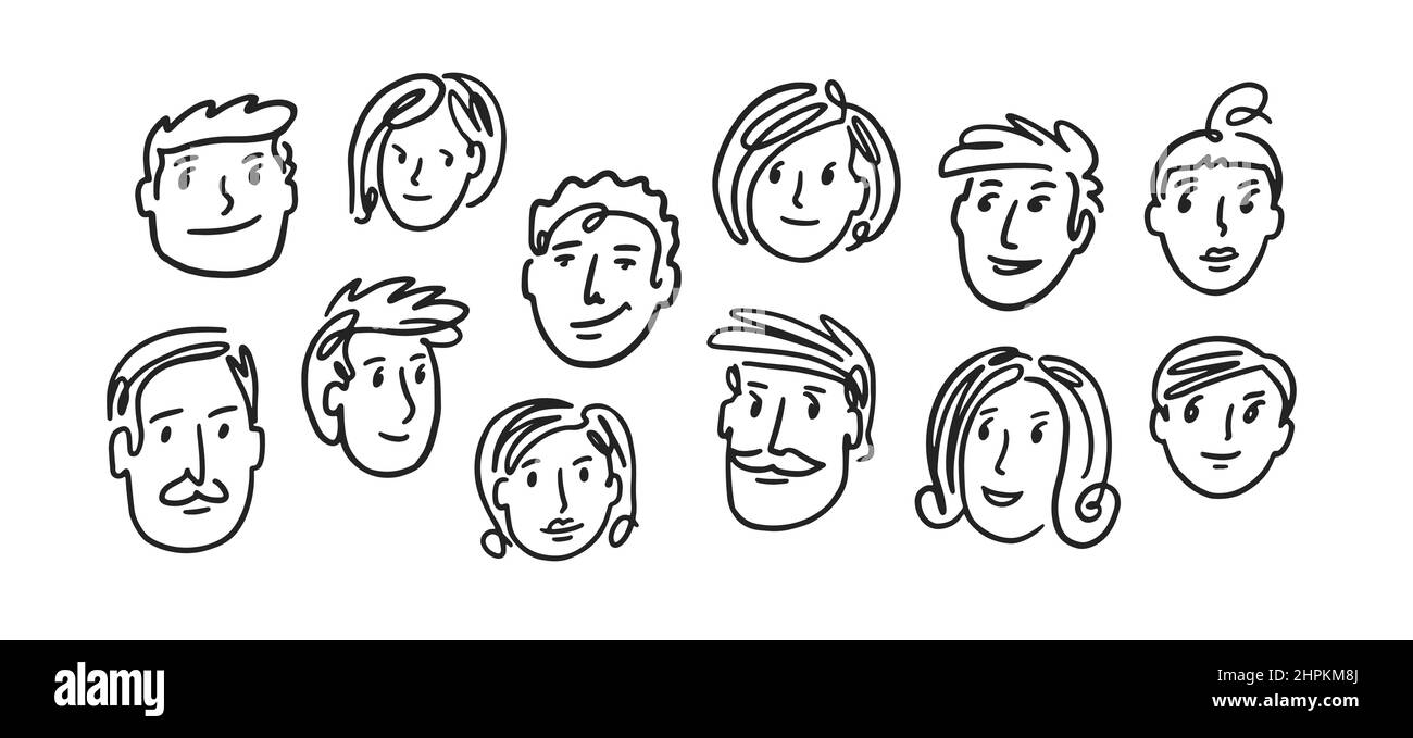 Facce vettoriali di persone. Set di doodle trafilati a mano per tutta la famiglia Illustrazione Vettoriale