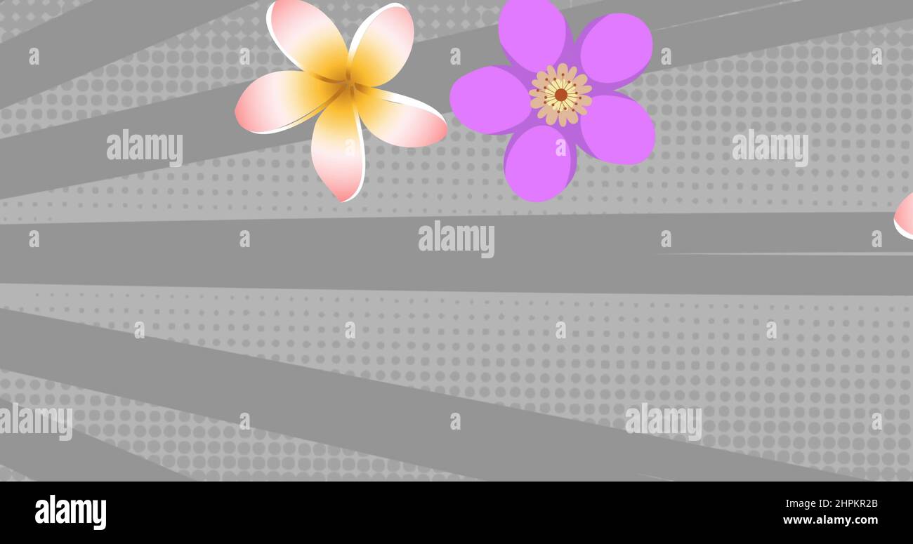 Immagine di fiori rosa e viola su strisce grigie giranti sullo sfondo Foto Stock