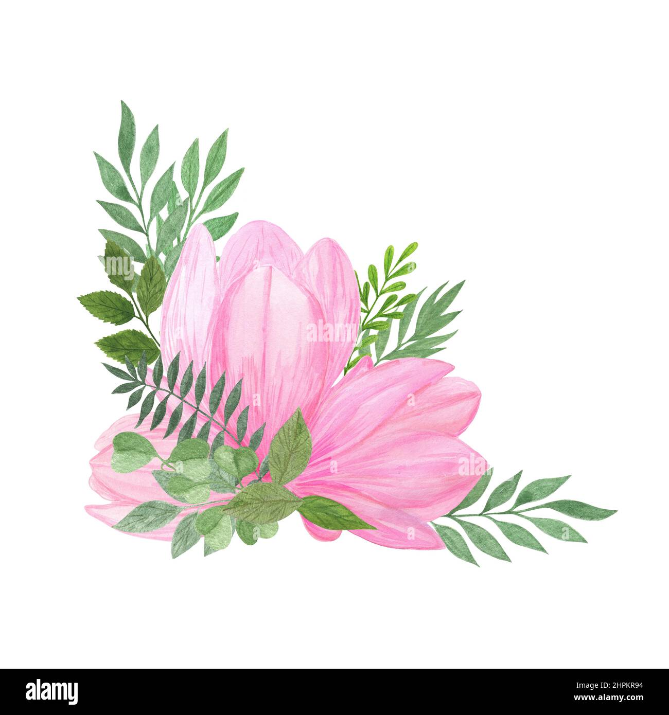Magnolia fiore arrangiamento clipart, composizione floreale, bouquet con foglie e fiori semplice acquerello illustrazione per biglietto di auguri, poster, trendy idee decor moderno Foto Stock