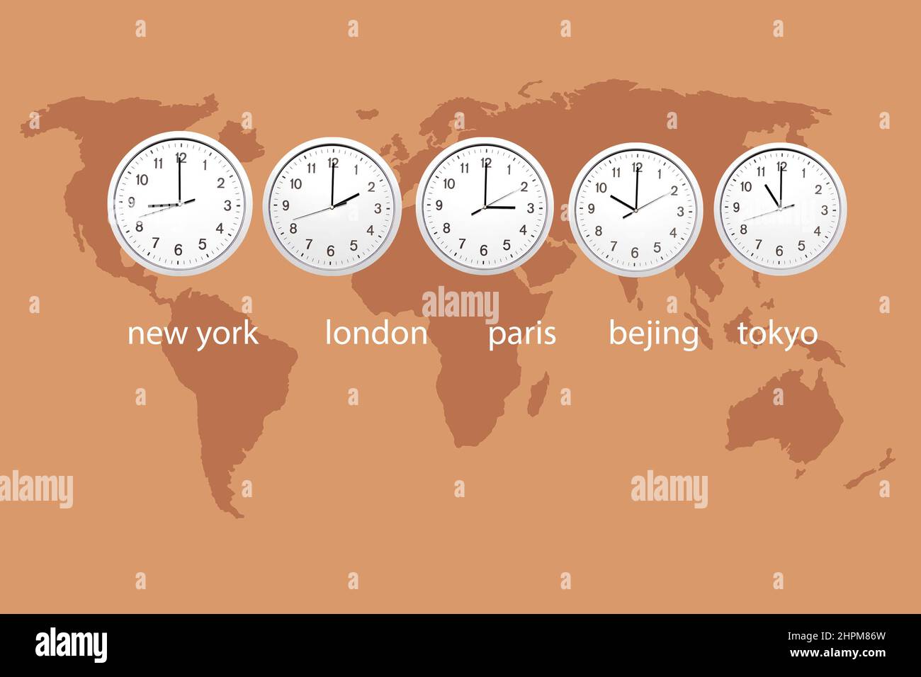 Orologi da parete con diversi fusi orari per Londra, New York, Parigi,  Bejing, Tokyo Foto stock - Alamy