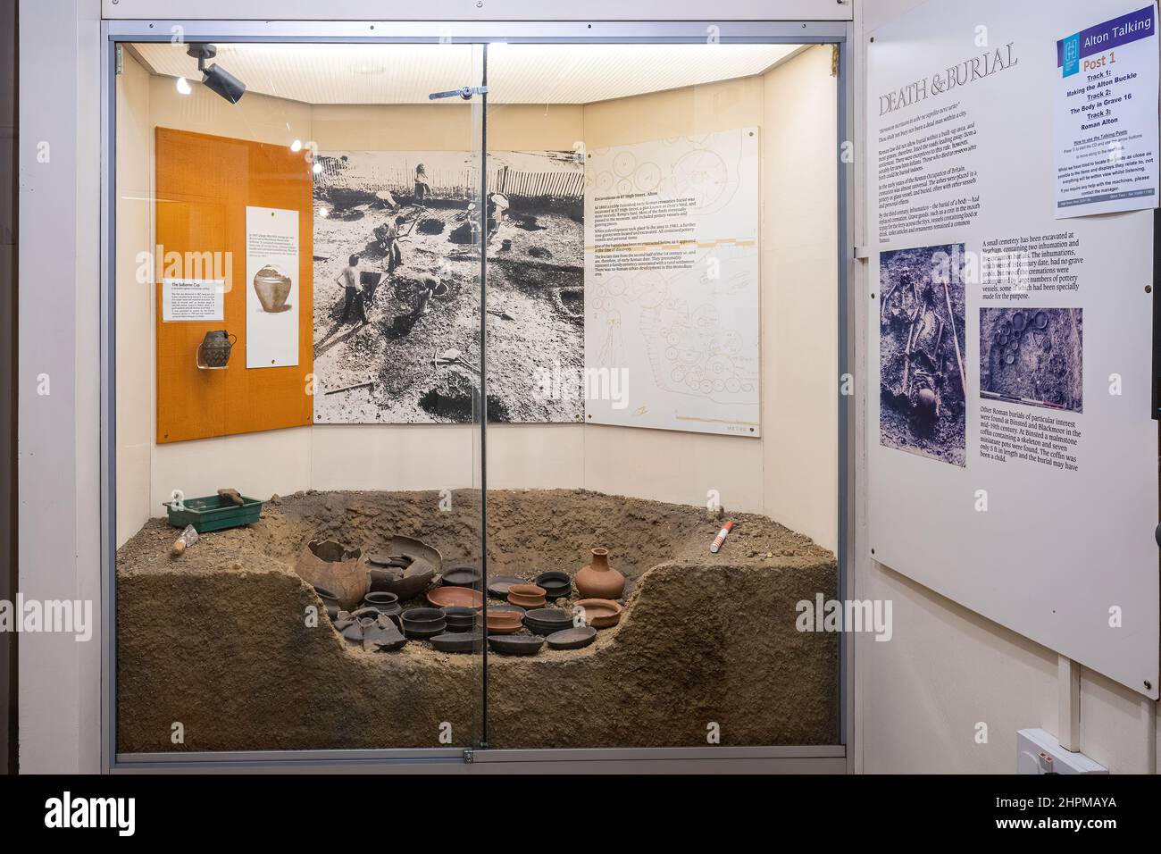Curtis Museum, il museo di storia locale nel centro di Alton, Hampshire, Inghilterra, Regno Unito. Mostra di ceramica romana e la Selborne Cup da tombe Foto Stock