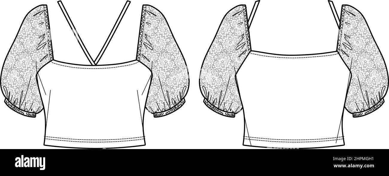 Donna vettoriale maglia a collo quadrato moda CAD, maniche corte con dettagli in pizzo e disegno tecnico maniche spugnate, piatta, disegno. Maglia o tessuto fabr Illustrazione Vettoriale