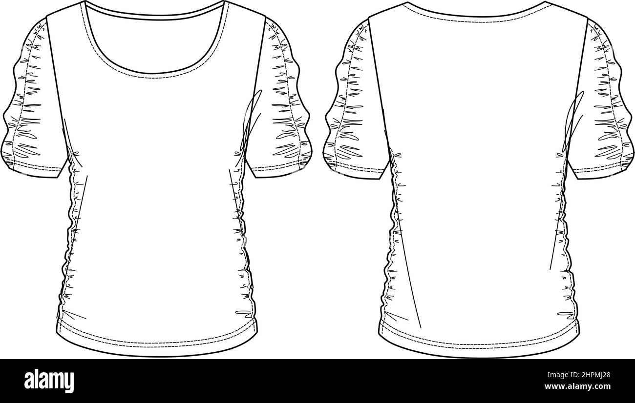 Blusa Vector donna a collo rotondo con manica fumé in CAD, manica corta con disegno tecnico in dettaglio fumé, piatta, disegno. Maglia o tessuto Illustrazione Vettoriale