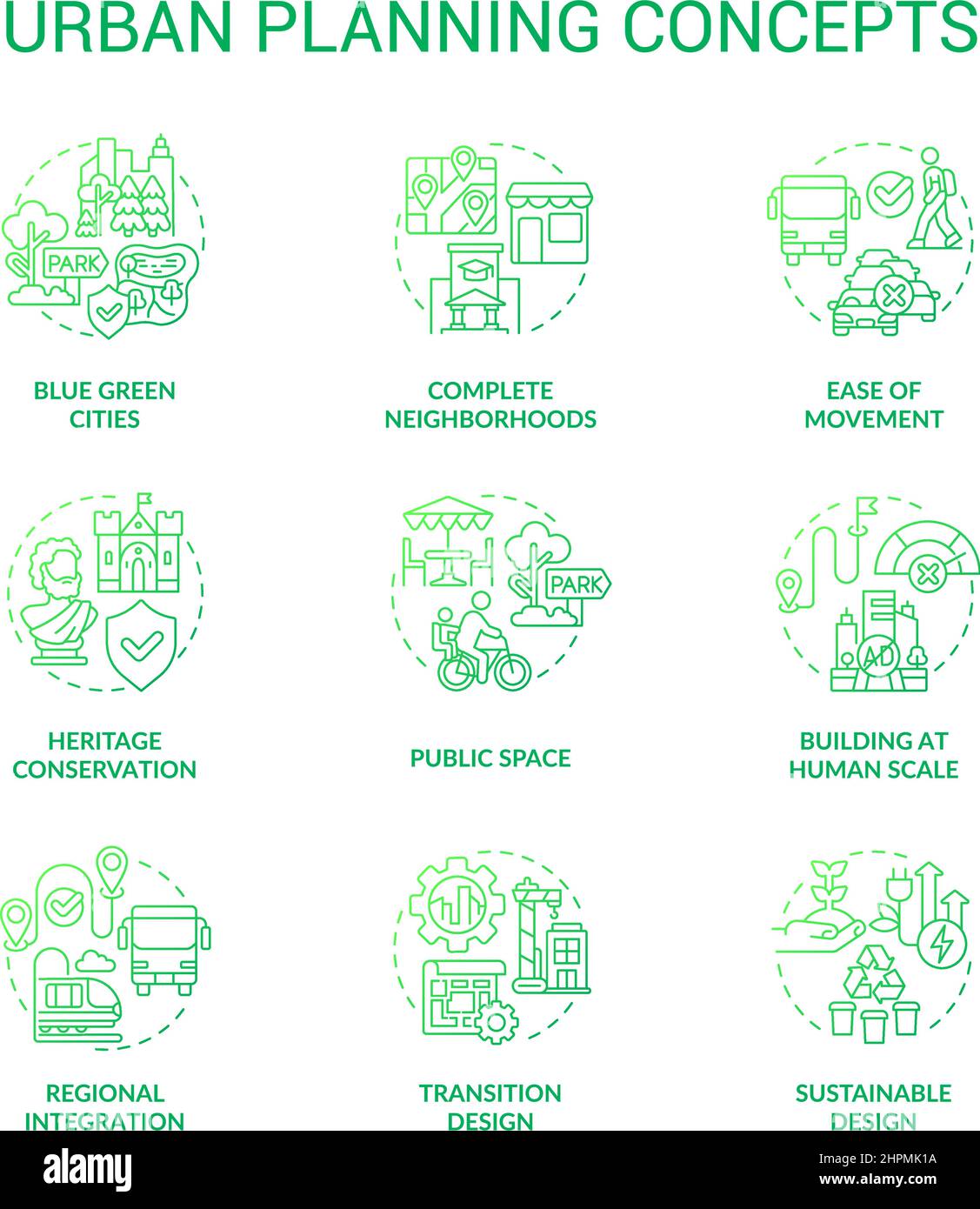 Set di icone di concetto di gradiente verde per la pianificazione urbana Illustrazione Vettoriale