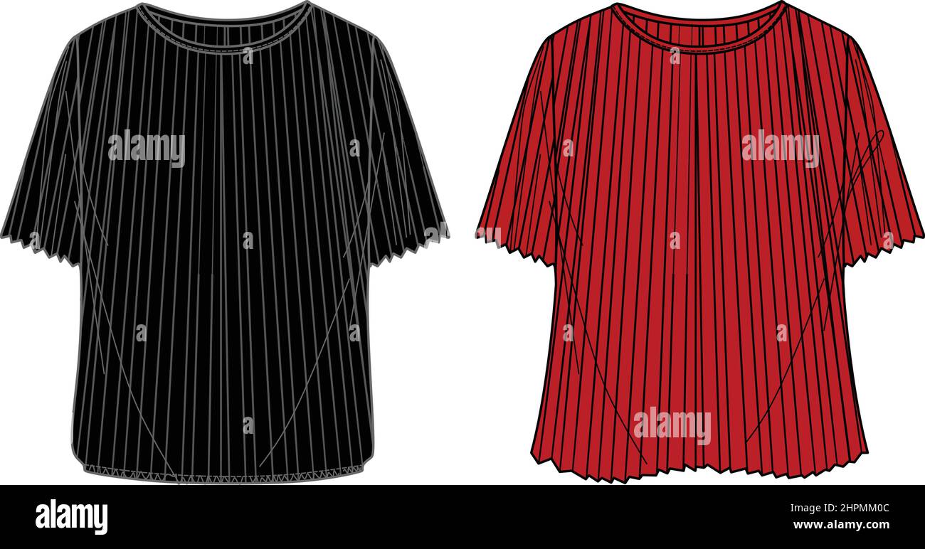 Vector maniche corte plisse T-Shirt moda CAD, blusa da donna a collo rotondo disegno tecnico, disegno, modello, piatto, mock-up. Jersey o tessuto tessuto a. Illustrazione Vettoriale