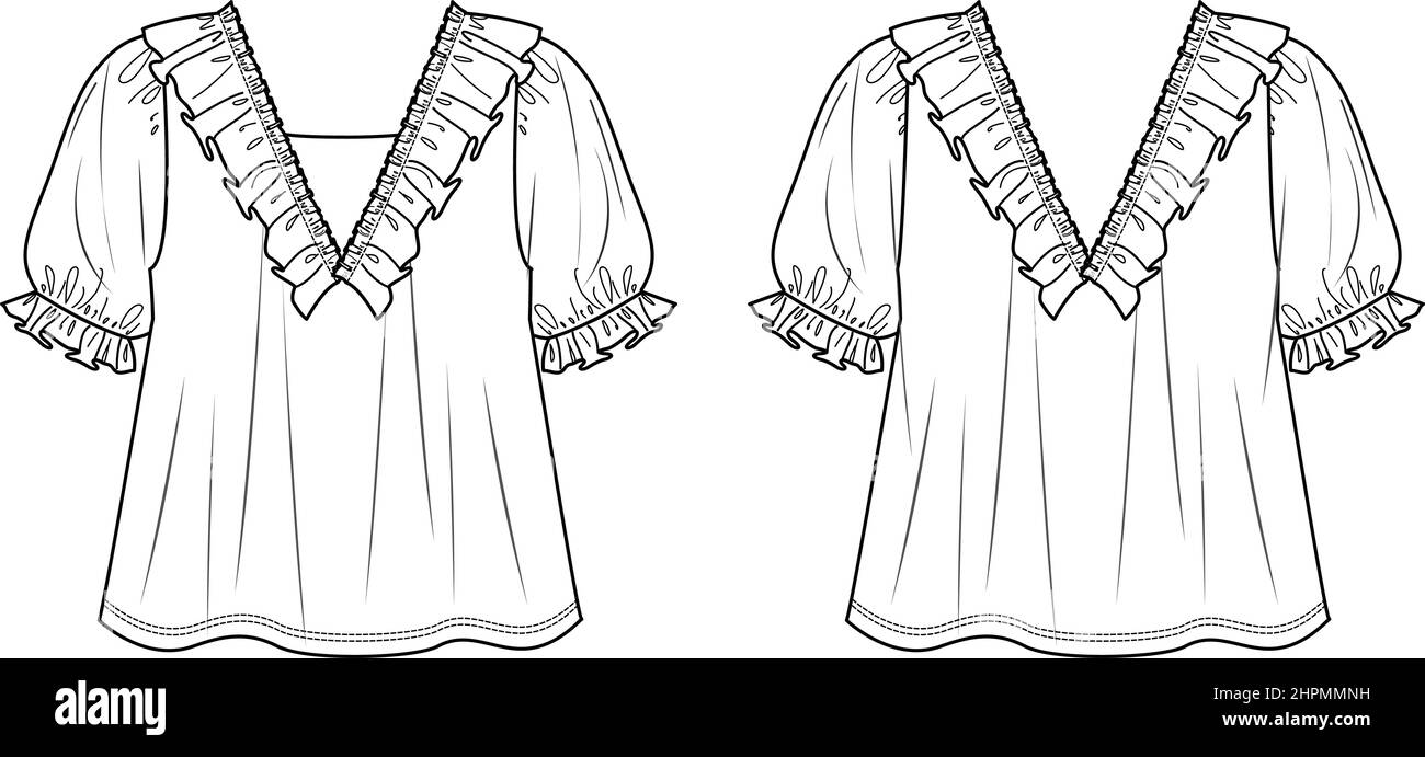 Blusa Vector svasata moda CAD blusa maniche, collo a V donna con disegno a fronzoli, modello piatto, disegno tecnico. Maglia o blusa in tessuto Illustrazione Vettoriale