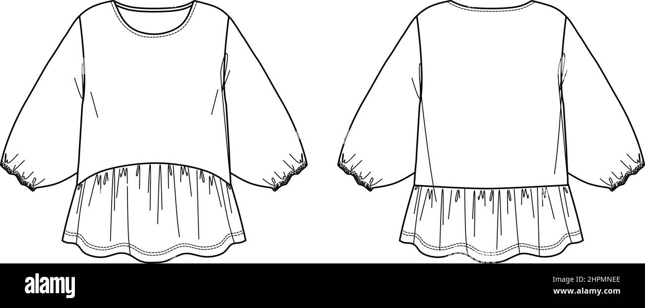 Donna vettoriale blusa a collo rotondo moda CAD, maniche lunghe con bordo svasato disegno tecnico, piatto, disegno. Maglia o tessuto con parte anteriore, b Illustrazione Vettoriale