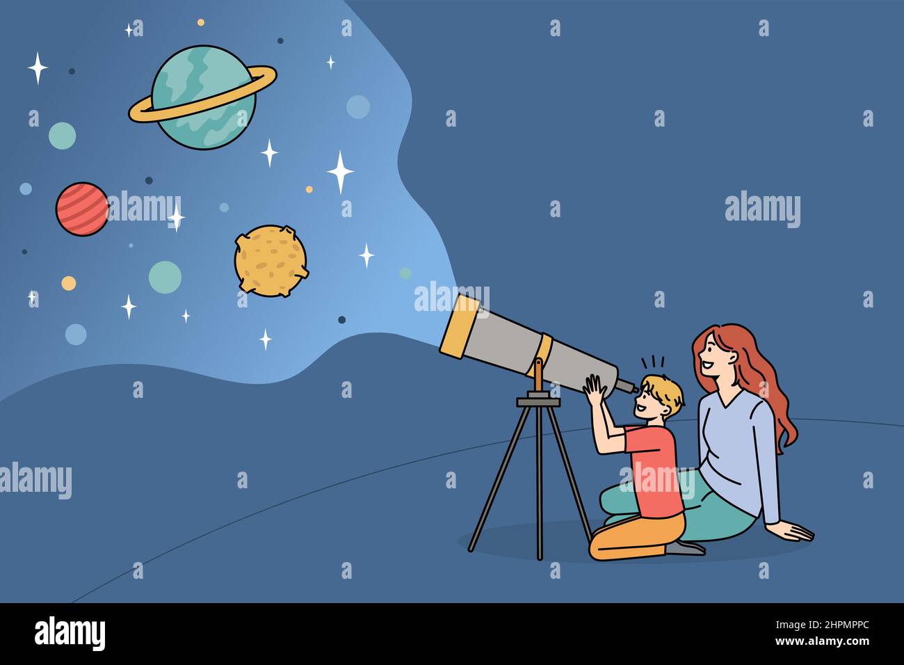 Esplorare il mondo con i bambini concetto. Sorridendo felice madre seduta e  mostrando bambino cose interessanti nello spazio esterno guardando le  stelle sul telescopio illustrazione vettoriale Immagine e Vettoriale - Alamy