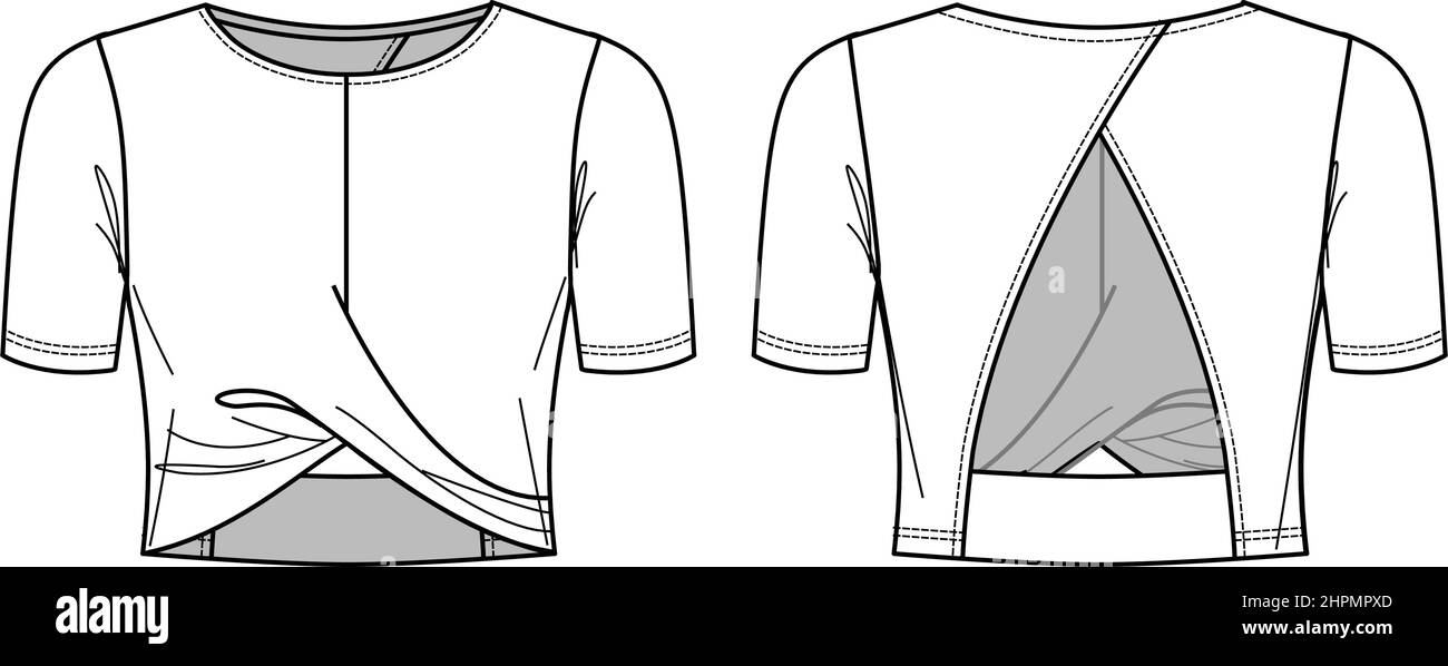 Vector Crop TOP moda CAD, donna a collo rotondo T shirt maniche corte disegno tecnico, slim fit con modello di blusa con dettaglio nodo, disegno, piatto. J Illustrazione Vettoriale