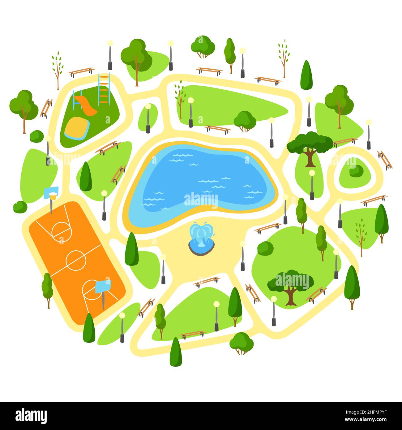 Illustrazione del bellissimo parco estivo o primaverile della città. Spazio urbano pubblico con lago, prato e alberi per passeggiate. Illustrazione Vettoriale