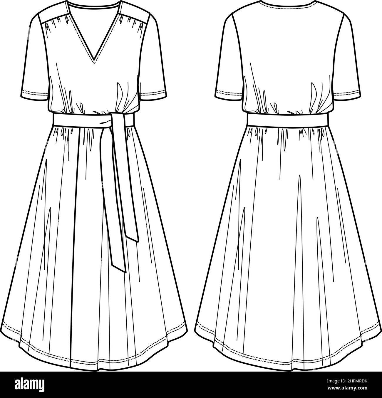 Vector maniche corte svasate maxi abito moda CAD, donna v-neck lungo abito con cintura disegno tecnico, modello, piatto, schizzo, mock up.Jersey o wov Illustrazione Vettoriale