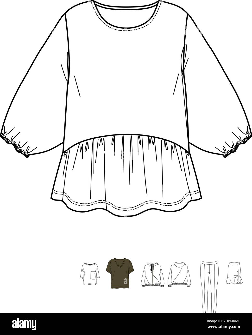Donna vettoriale blusa a collo rotondo moda CAD, maniche lunghe con bordo svasato disegno tecnico, piatto, disegno. Maglia o tessuto con parte anteriore, b Illustrazione Vettoriale