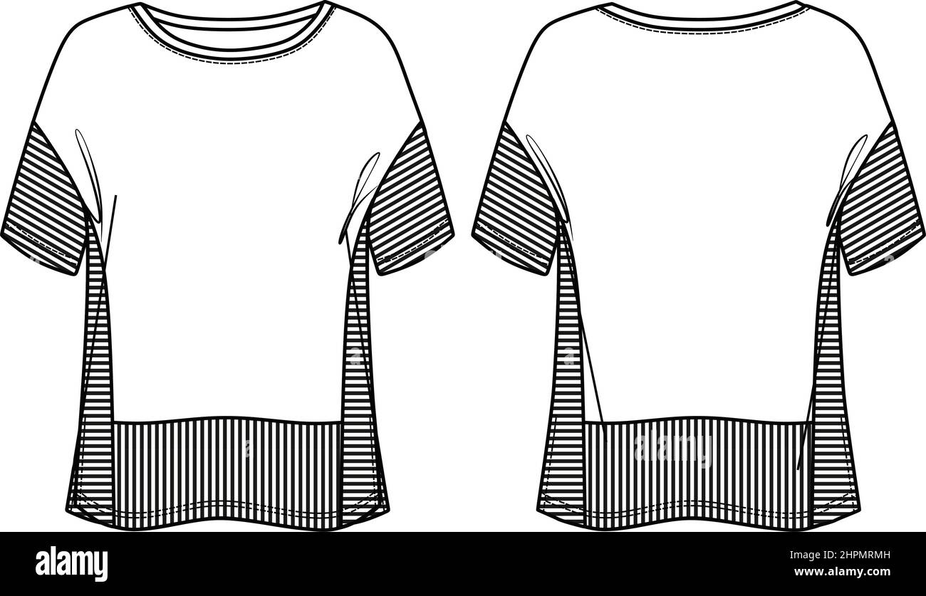 T-shirt vettoriale a maniche corte con disegno a righe in CAD moda, T-Shirt  donna a collo rotondo disegno tecnico, disegno, modello, piatto, mock-up.  Maglia o Immagine e Vettoriale - Alamy