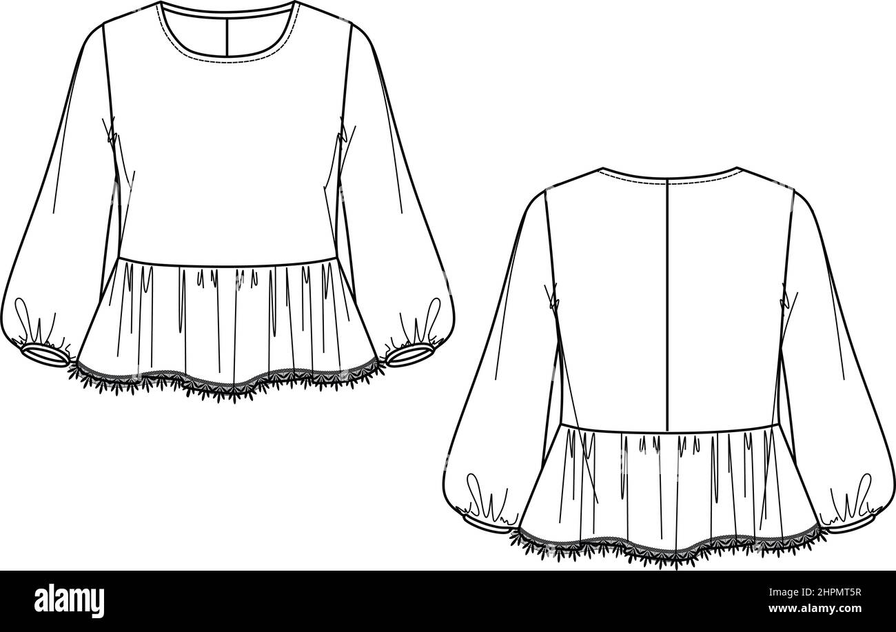 Maglia moda Vector maniche lunghe CAD, top donna in pepum con volant e dettagli pizzo disegno tecnico, modello t shirt trendy collo rotondo, piatta, ske Illustrazione Vettoriale