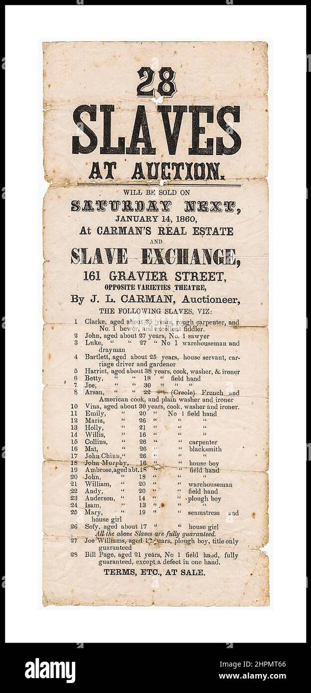SLAVES asta vendita negli USA 1860, con lista di 28 Slaves disponibili per la vendita ciascuno pubblicizzato con i loro particolari compiti e abilità meniali. Foto Stock