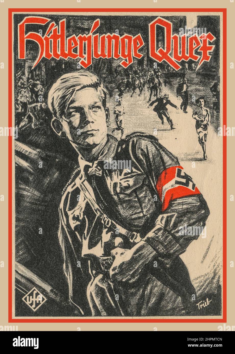 HITLERJUNGE Vintage 1930s Hitler Youth Poster Card 'HITLERJUNGE QUER' 1930s per disordini civili e protezione politica in tutta la Germania nazista Teenage Youth con fascia Swastika e uniforme Foto Stock
