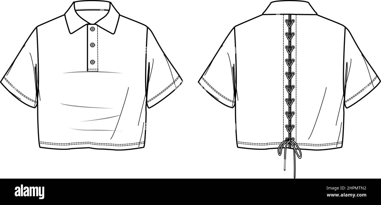 T-shirt vettoriale moda CAD, blusa donna manica corta a forma di boxy con occhielli, disegno tecnico polo donna, disegno, piatto. J Illustrazione Vettoriale