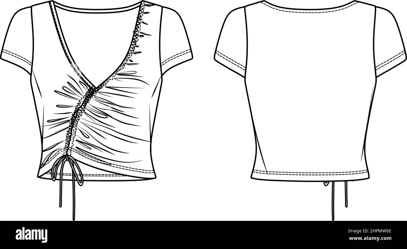 Vector crop top moda CAD, donna collo a V maniche corte disegno tecnico, slim fit con modello blusa fumé, disegno, piatto. Maglia Illustrazione Vettoriale
