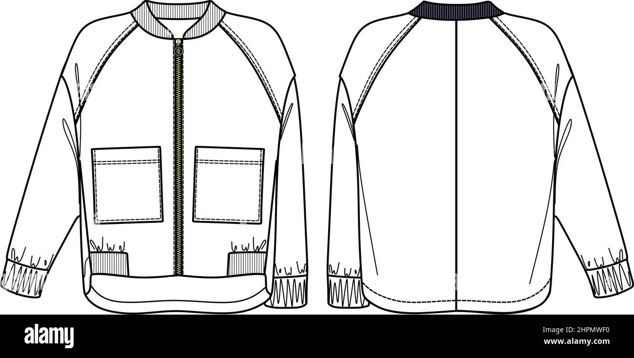 Vector raglan giacca manica lunga moda CAD, bomber donna giacca con zip e tasche disegno tecnico, piatto, modello, schizzo Illustrazione Vettoriale