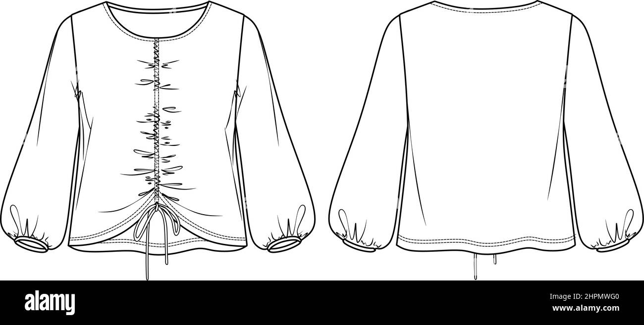 Camicetta Vector donna a collo rotondo con CAD moda da raccolta, lungo top con maniche a palloncino con disegno tecnico fumé, piatta, disegno. Maglia o wov Illustrazione Vettoriale