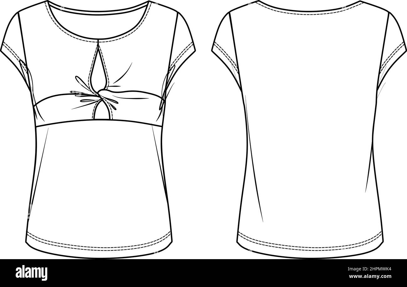 Vector maglia manica corta moda CAD, maglia donna a collo tondo disegno tecnico, slim fit con modello di blusa con anello e nodo, disegno, piatto. JE Illustrazione Vettoriale