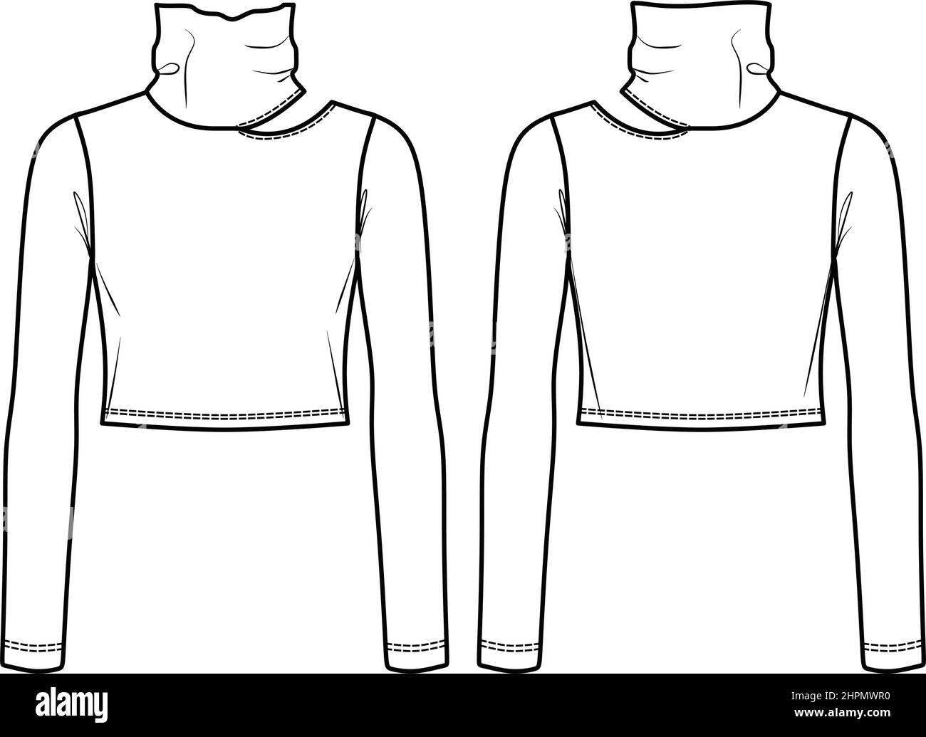 Vector taglia t shirt maniche lunghe moda CAD, donna inverno tartaruga collo disegno tecnico, modello, schizzo, piatto. Maglia o costola tessuto Crop top Illustrazione Vettoriale