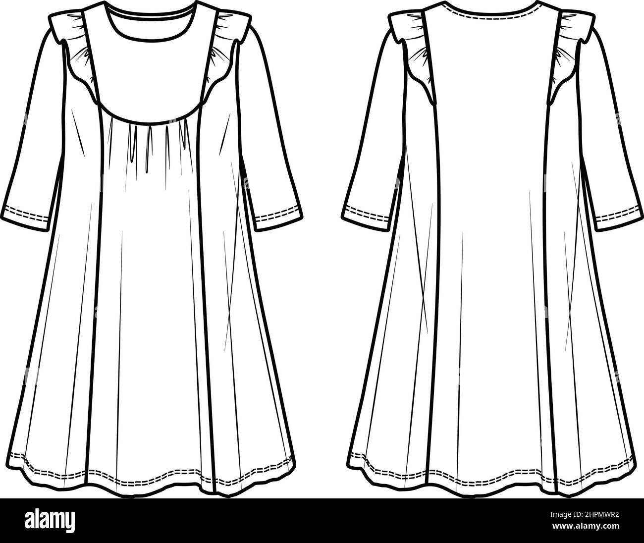 Vector a forma maniche lunghe abito moda CAD, colletto rotondo donna abito con dettagli di frill disegno tecnico, schizzo, modello, piatto. Maglia o tessuto fa Illustrazione Vettoriale