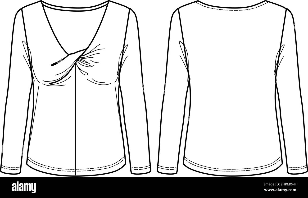 T-Shirt Vector maniche lunghe moda CAD, top donna con collo a V con disegno tecnico, modello, disegno, piatto. Maglia o tessuto bl Illustrazione Vettoriale