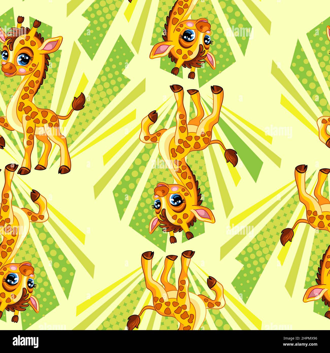 Modello vettoriale senza cuciture con simpatiche giraffe felici su sfondo verde. Illustrazione colorata dei bambini vettoriali. Per stampa, biancheria, design, carta da parati, deco Illustrazione Vettoriale