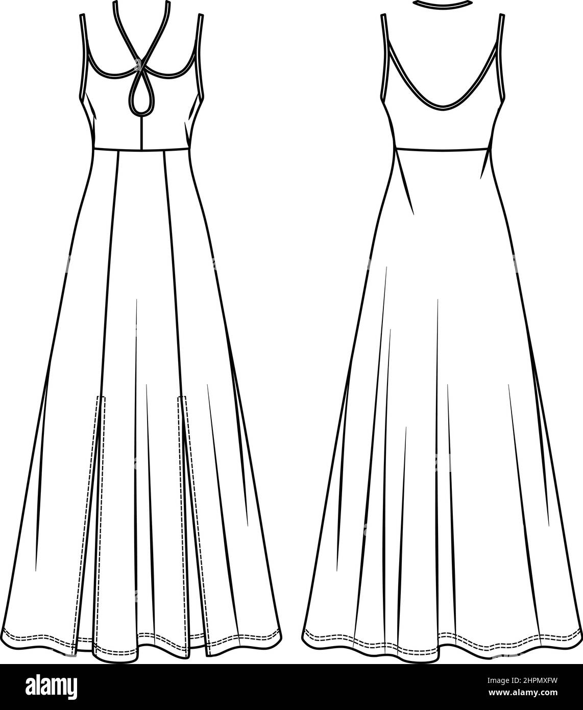 Abito vettoriale maxi con spalline disegno tecnico, abito donna con fessure laterali e cappio moda CAD, disegno, modello, piatto. Maglia o tessuto fa Immagine e Vettoriale - Alamy