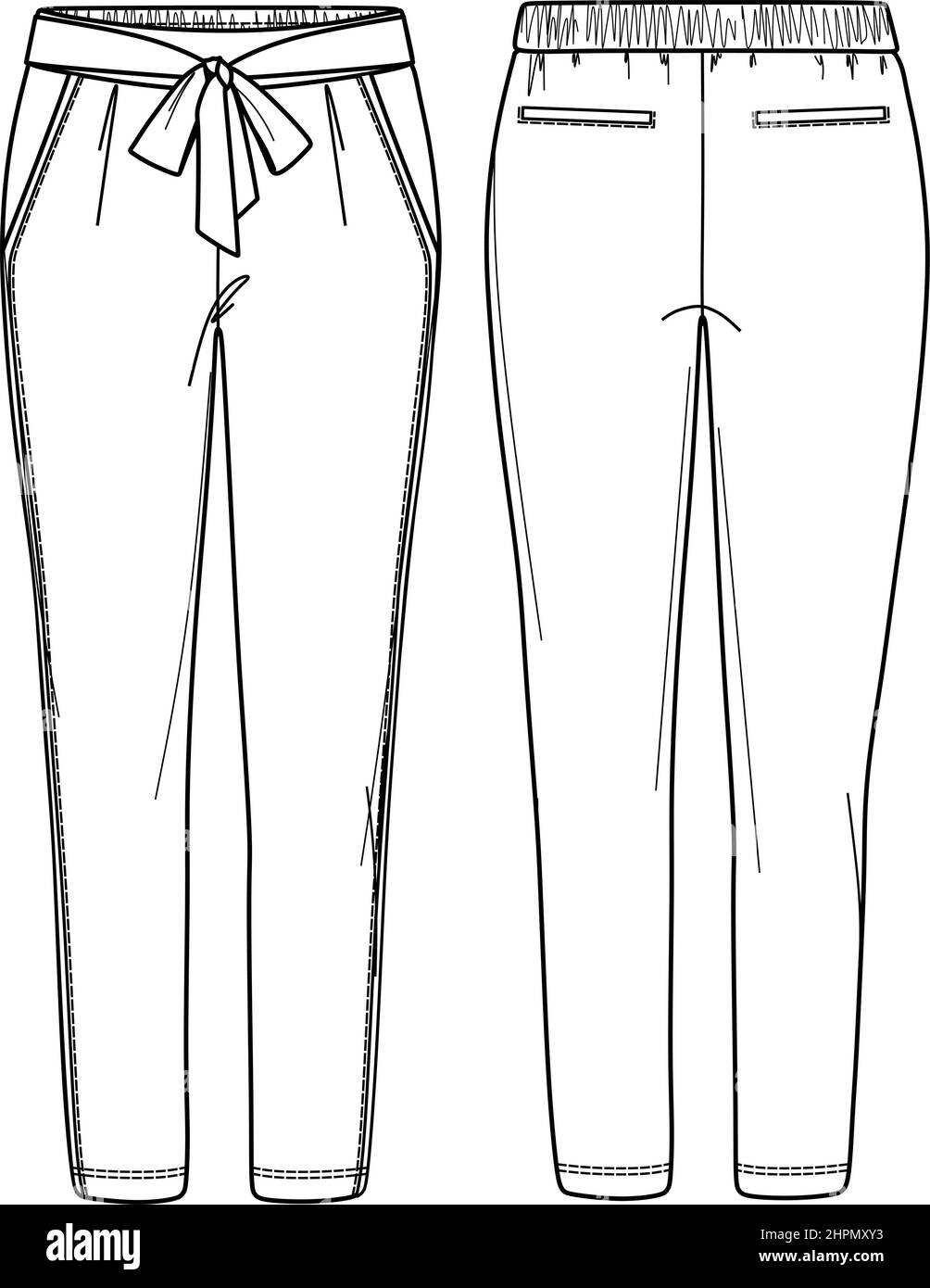 Pantaloni in vita Vector Hight con tasche laterali, tasche posteriori finte e cad moda, pantaloni donna affusolato gambe con disegno tecnico prua, t Illustrazione Vettoriale