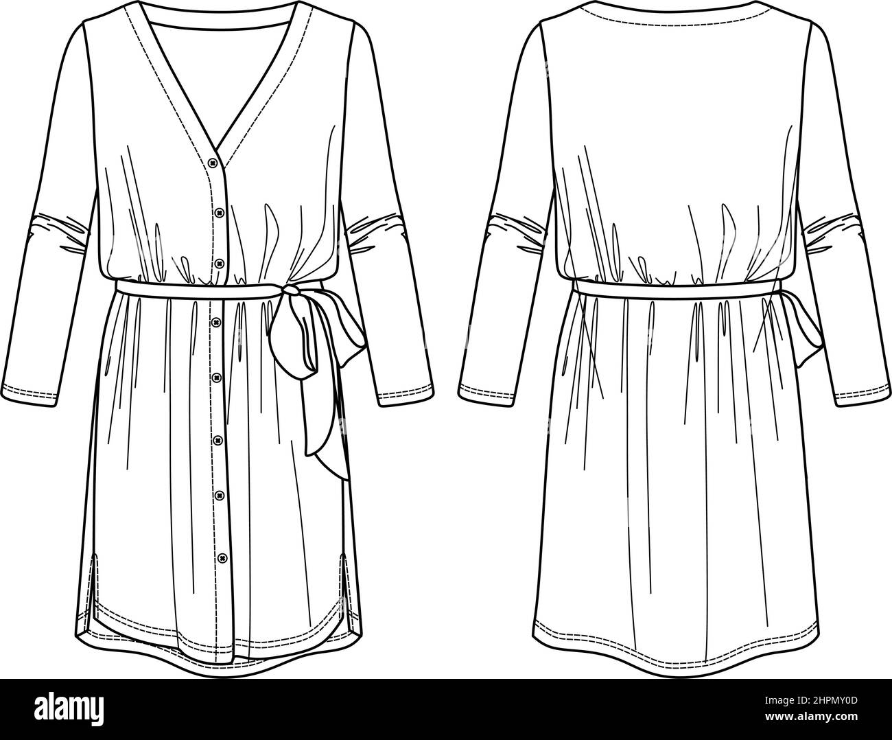 Disegno tecnico vettoriale, abito CAD moda, bozzetto camicia-abito con bottoni Illustrazione Vettoriale