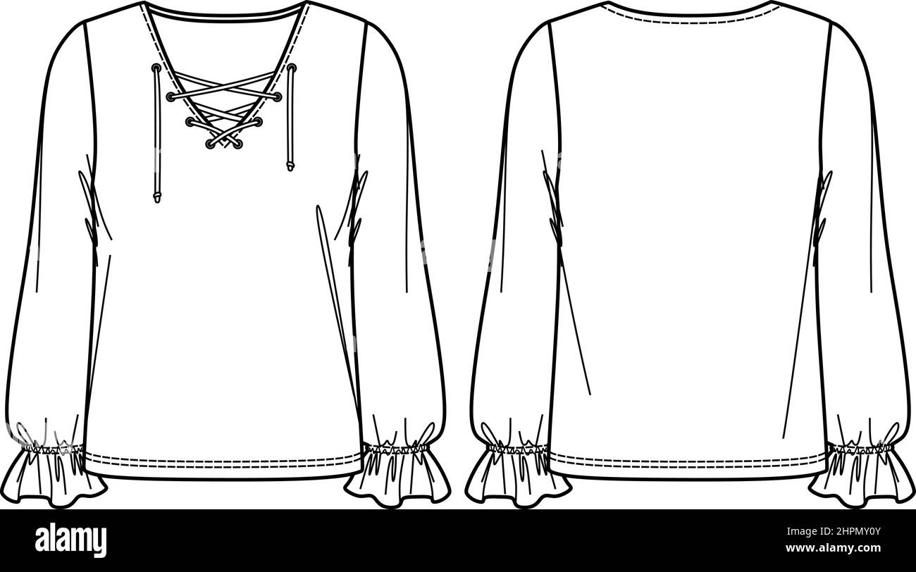 Disegno tecnico camicetta a maniche lunghe Vector V-neck, donna top fashion CAD, modello, schizzo Illustrazione Vettoriale