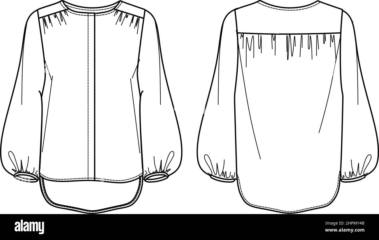 Maglia vettoriale tessuto moda CAD, camicia donna con maniche lunghe palloncino disegno tecnico, modello, schizzo, piatto Illustrazione Vettoriale