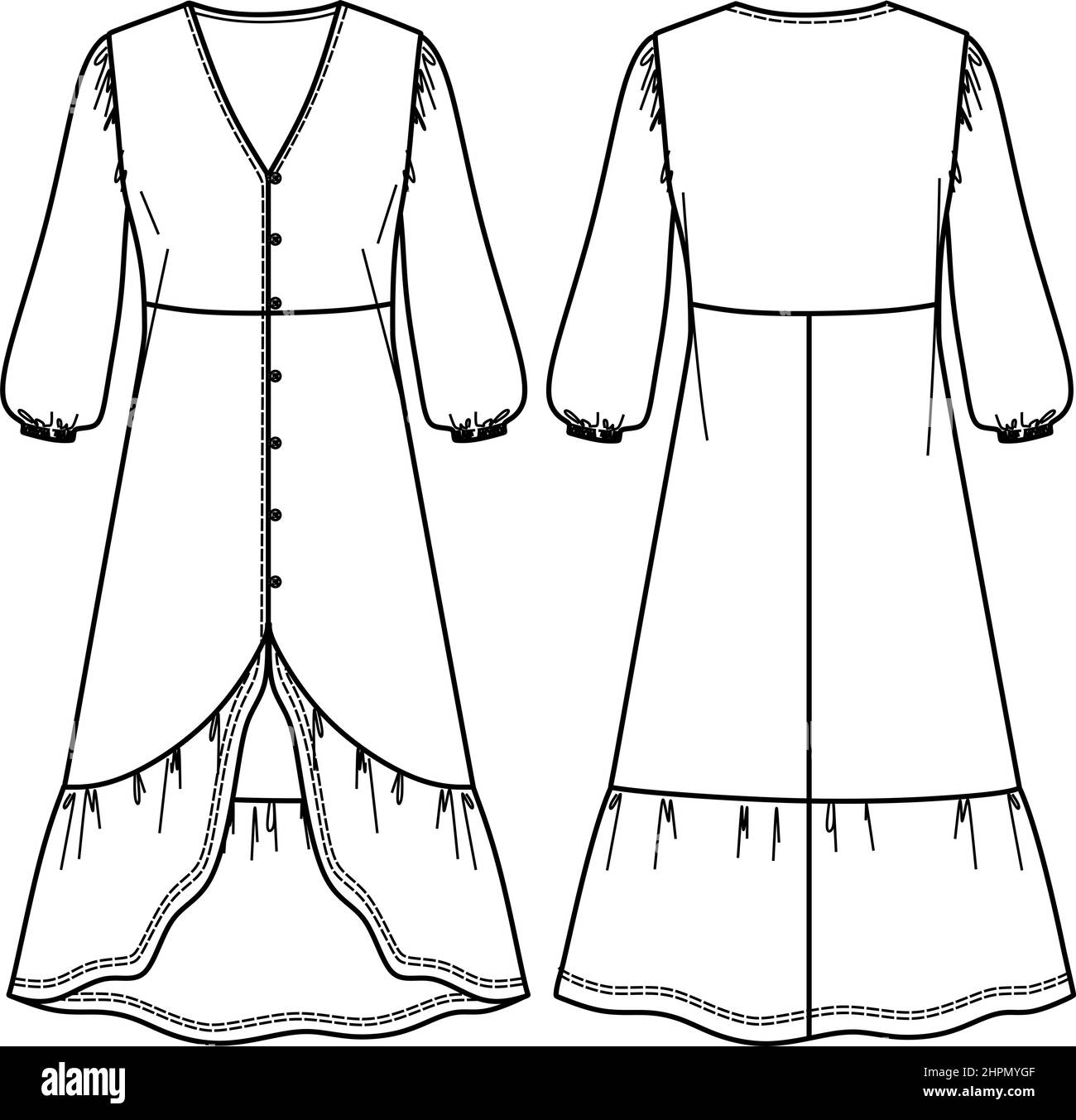 Disegno di abbigliamento tecnico vettoriale maxi boho. Abito a maniche lunghe da donna in CAD moda, disegno abito con bottoni sul collo a V, modello Illustrazione Vettoriale