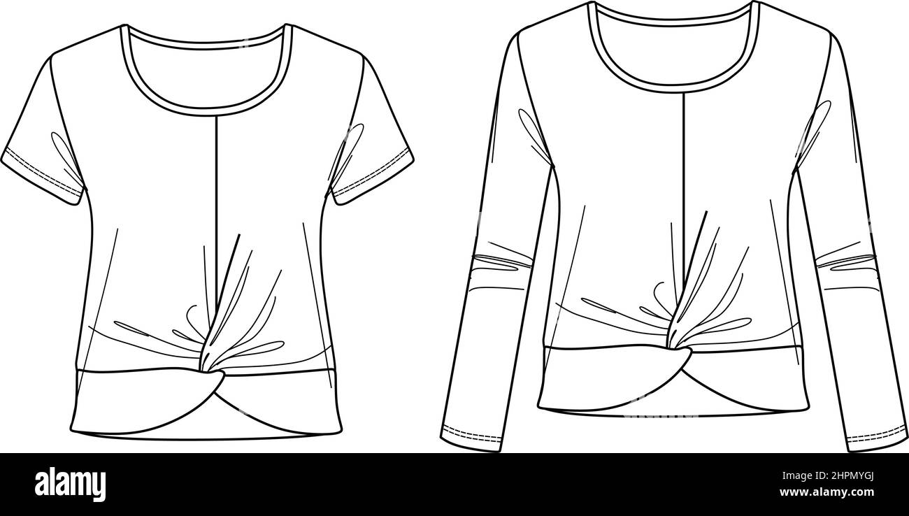 T-shirt vettoriale a collo tondo con nodo moda CAD, cravatta dettaglio donna top disegno tecnico, modello, schizzo. Maglia o blusa in tessuto con parte anteriore Illustrazione Vettoriale