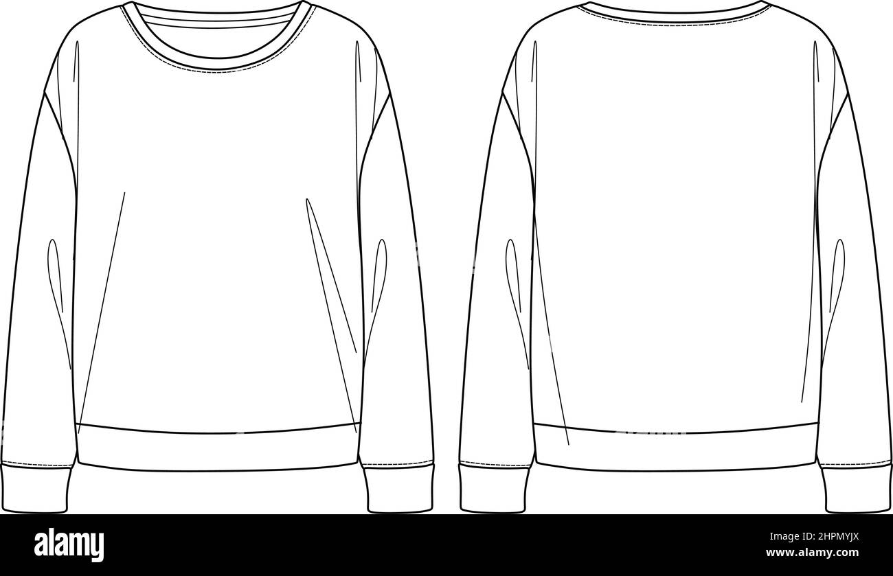 T-shirt vettoriale a maniche lunghe moda CAD, T-shirt donna a collo tondo disegno tecnico, modello base top, disegno, simulazione. Maglia o tessuto Illustrazione Vettoriale