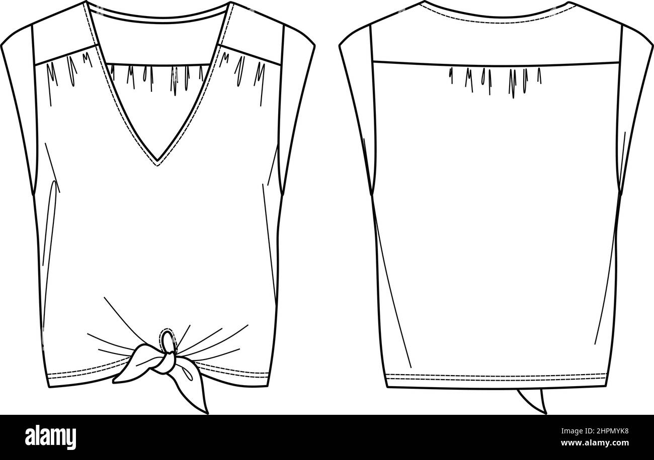 Vector sleeveless top fashion CAD, blusa da donna con collo a V con disegno tecnico ad arco, piatto, disegno, modello. Maglia o tessuto t sh Illustrazione Vettoriale
