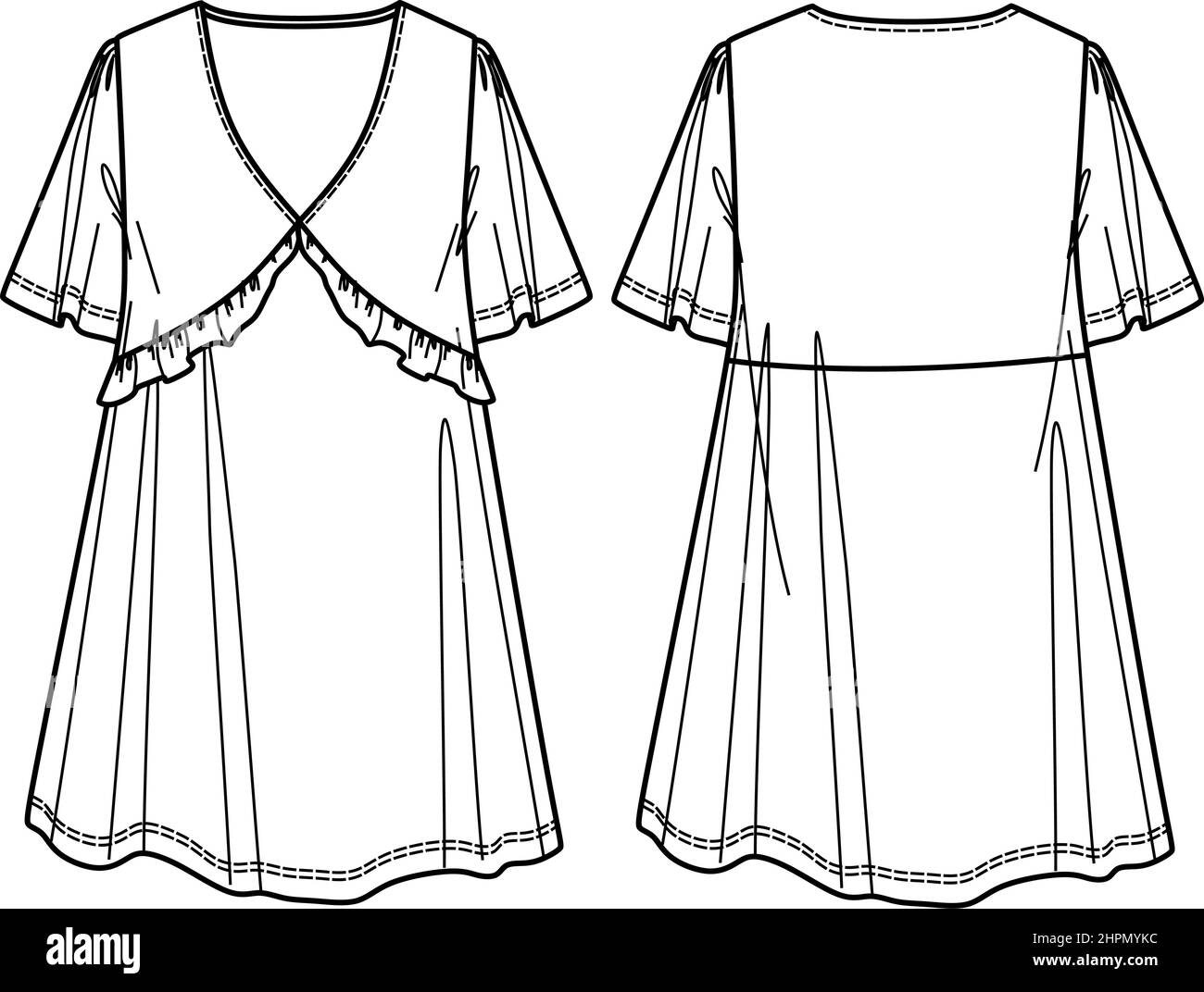 Vector un abito moda forma CAD, abito estivo donna disegno tecnico. Più taglia abito schizzo, modello Illustrazione Vettoriale