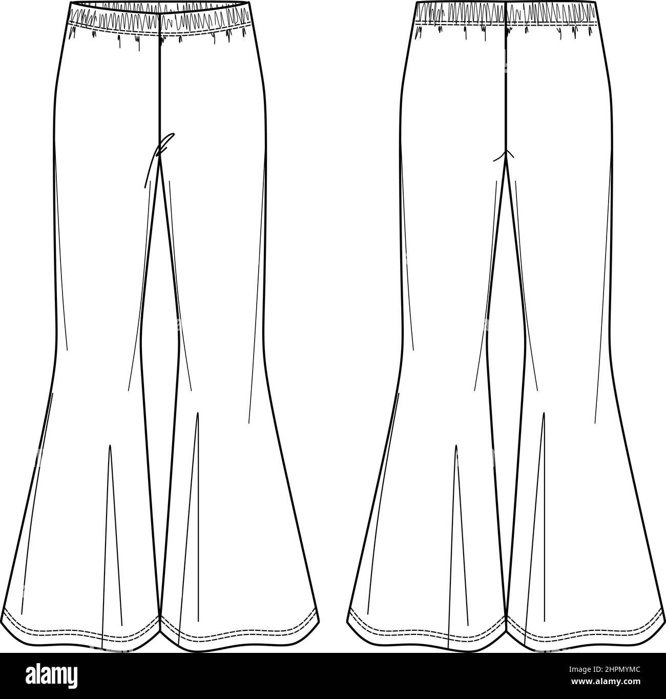 Pantaloni vettoriali per donna moda CAD, modello di schizzo, pantaloni donna disegno tecnico, gambali alla moda piatto, mock up. Pantaloni in Jersey o tessuto, f Illustrazione Vettoriale