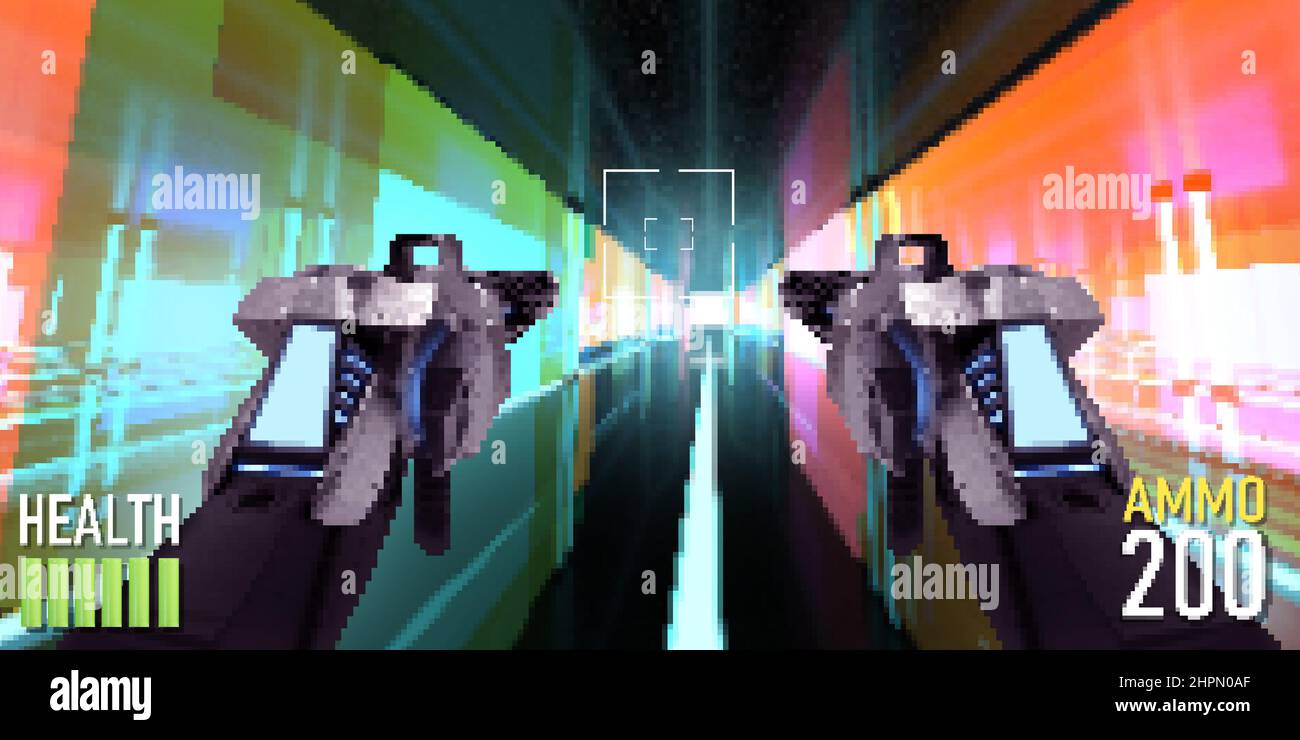 Illustrazione grafica pixel di prima persona visualizzare fantascienza futuristica 16 bit sparatutto interfaccia di gioco con pistole, munizioni e indicatori di salute. Foto Stock