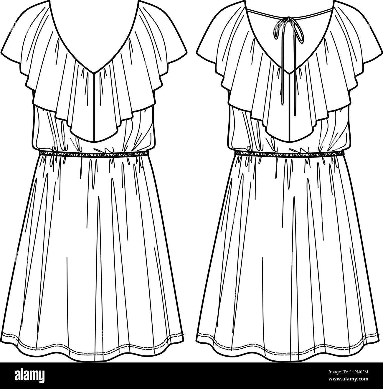 Vector estate abito senza maniche moda CAD, donna v collo con cintura abito disegno tecnico, modello, piatto, disegno Illustrazione Vettoriale