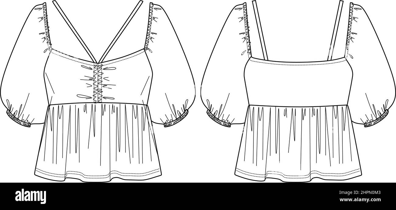 Donna vettoriale maglia a collo quadrato moda CAD, maniche corte con dettagli fumé e disegno tecnico maniche spugnate, piatta, disegno. Maglia o tessuto f Illustrazione Vettoriale