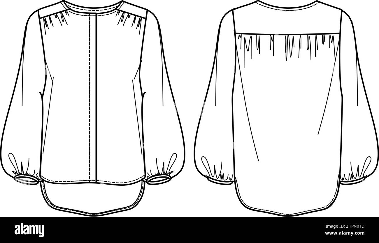 Maglia vettoriale tessuto moda CAD, camicia donna con maniche lunghe palloncino disegno tecnico, modello, schizzo, piatto Illustrazione Vettoriale