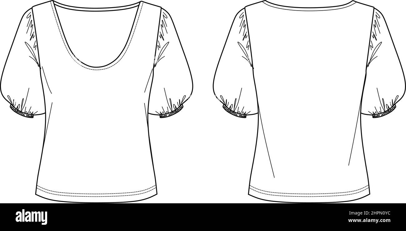 Donna vettoriale maglia a collo tondo, blusa con maniche palloncino moda CAD, disegno top estate, disegno tecnico, femmina piatta, modello. Maglia o Illustrazione Vettoriale