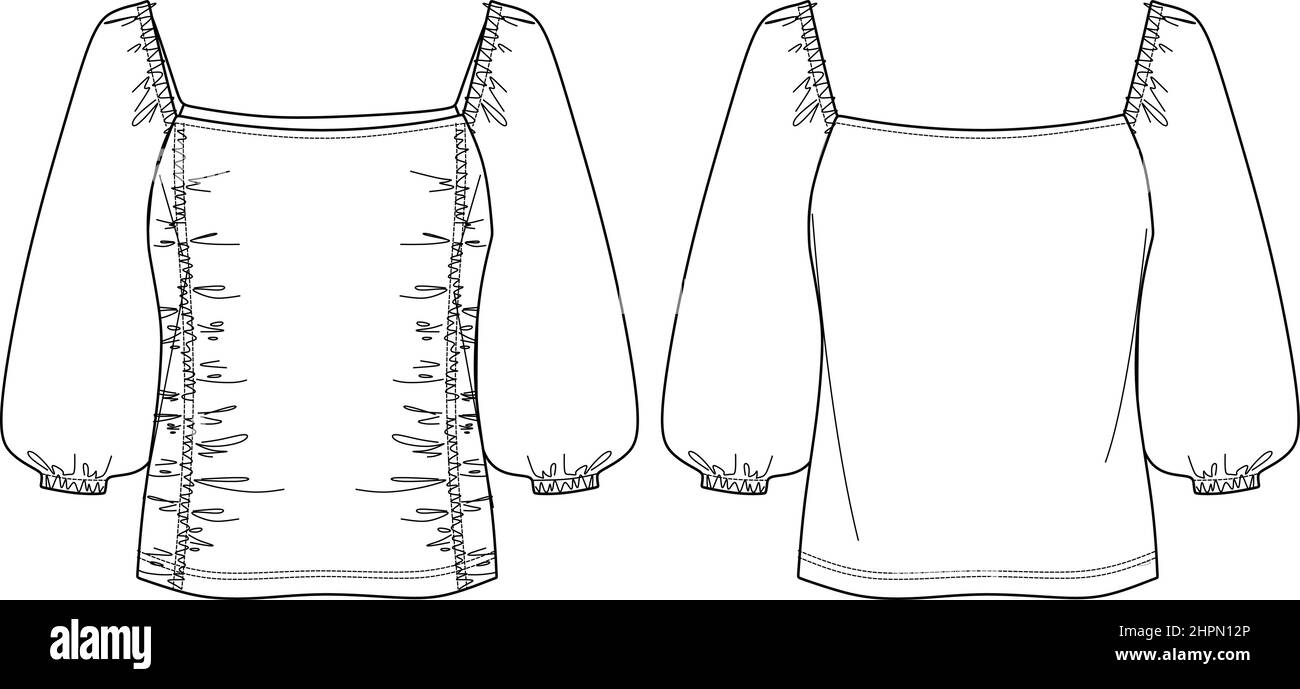 Donna vettoriale maglia a collo quadrato moda CAD, manica lunga con disegno tecnico fumé, piatta, disegno. Maglietta in Jersey o tessuto con Illustrazione Vettoriale