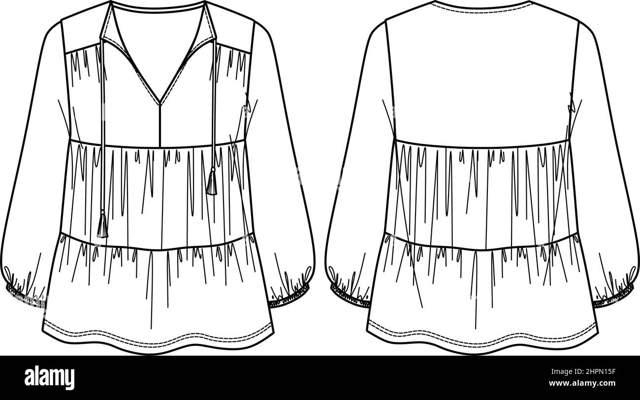 Maglia vettoriale a maniche lunghe moda CAD, maglia donna o tessuto tessuto con frange e nappe e collo a V disegno tecnico, modello, piatto, mockup, Illustrazione Vettoriale