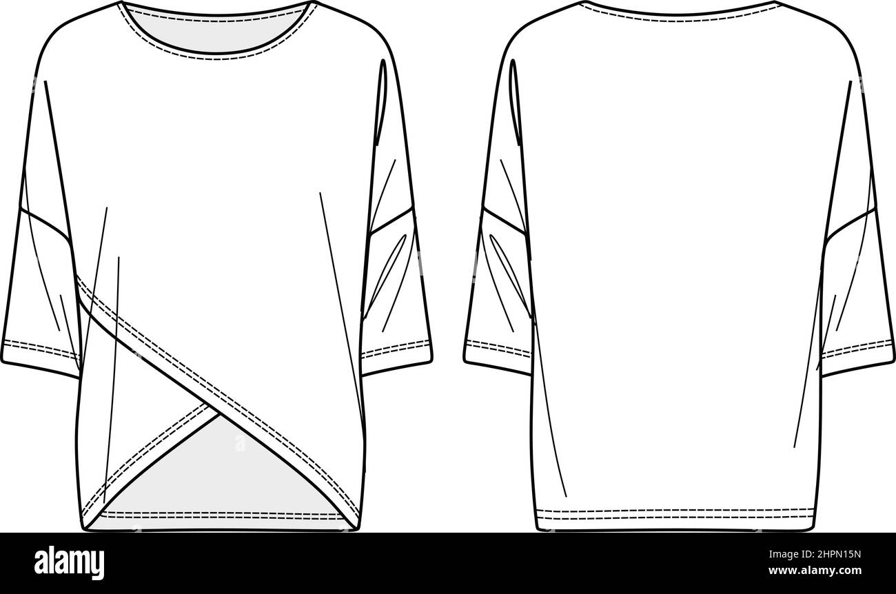 T-Shirt Vector maniche corte moda CAD, collo rotondo donna con bordo asimmetrico disegno tecnico, modello, piatto, disegno. Maglia o tessuto b Illustrazione Vettoriale